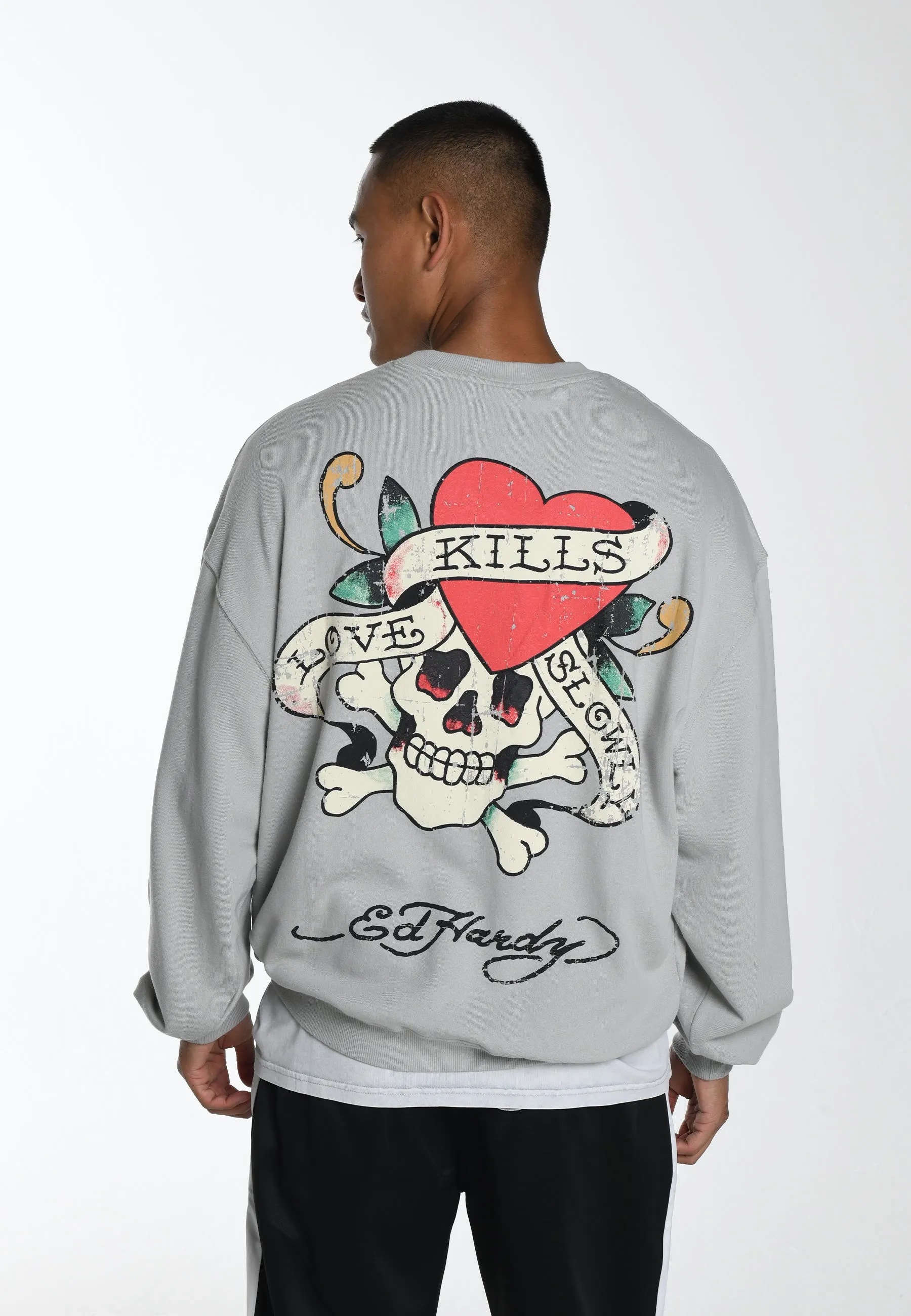 Mens Slow-Love Graphic Crew Neck Sweatshirt - Grey