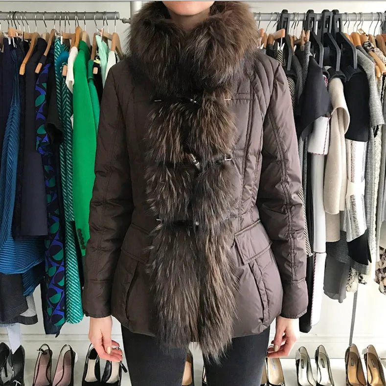 Moncler Gillon Brown Fox Fur Trim Puffer Coat - S