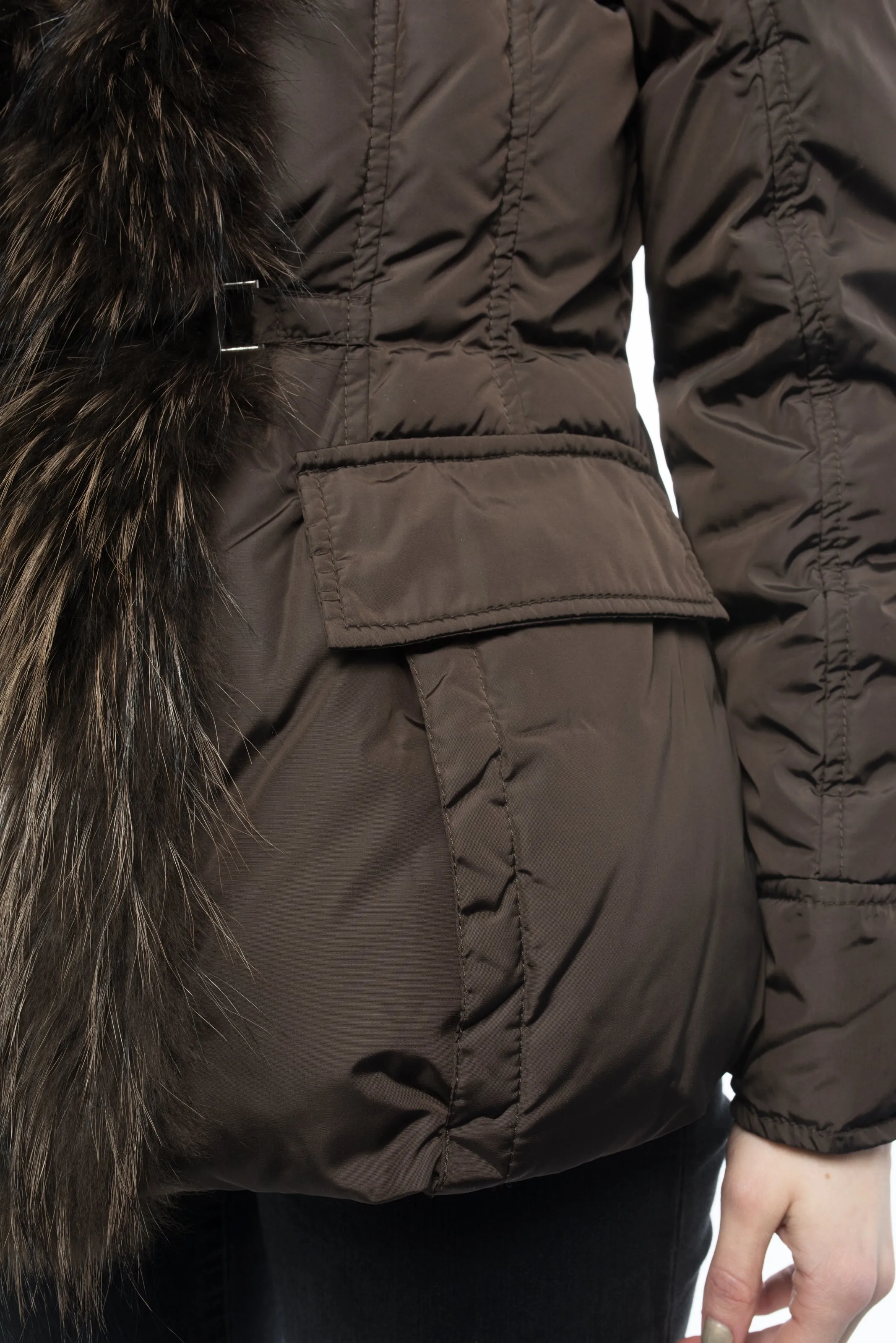 Moncler Gillon Brown Fox Fur Trim Puffer Coat - S