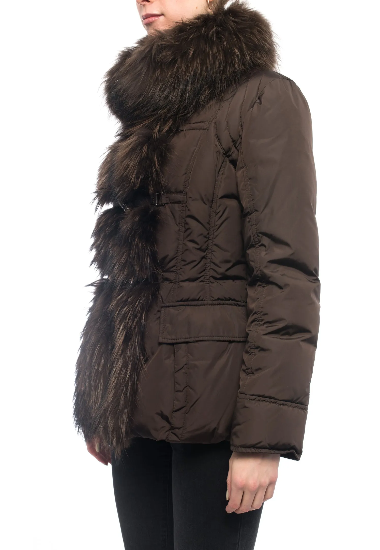 Moncler Gillon Brown Fox Fur Trim Puffer Coat - S