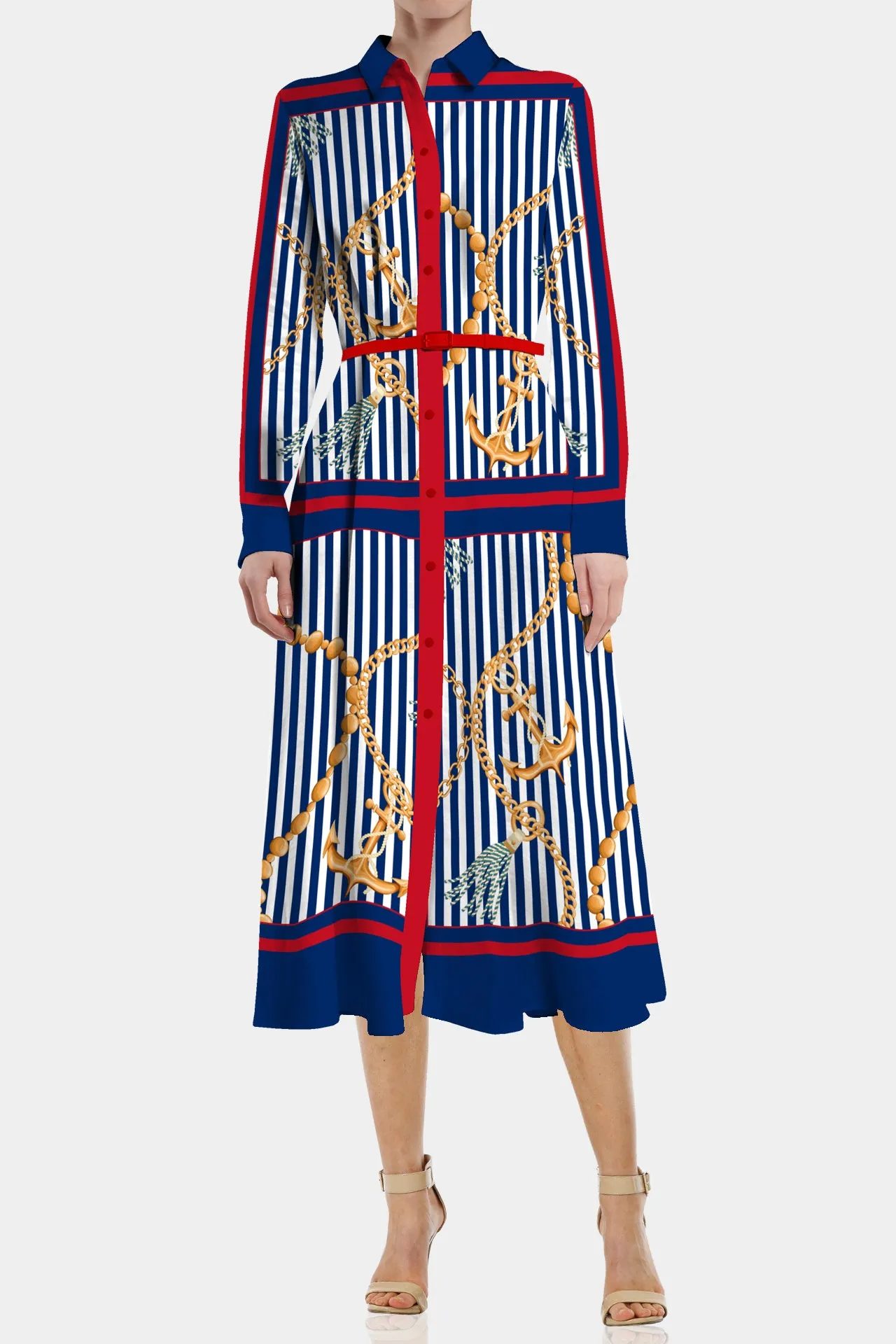 Nautical Stripes Blue Midi Shirt Dress