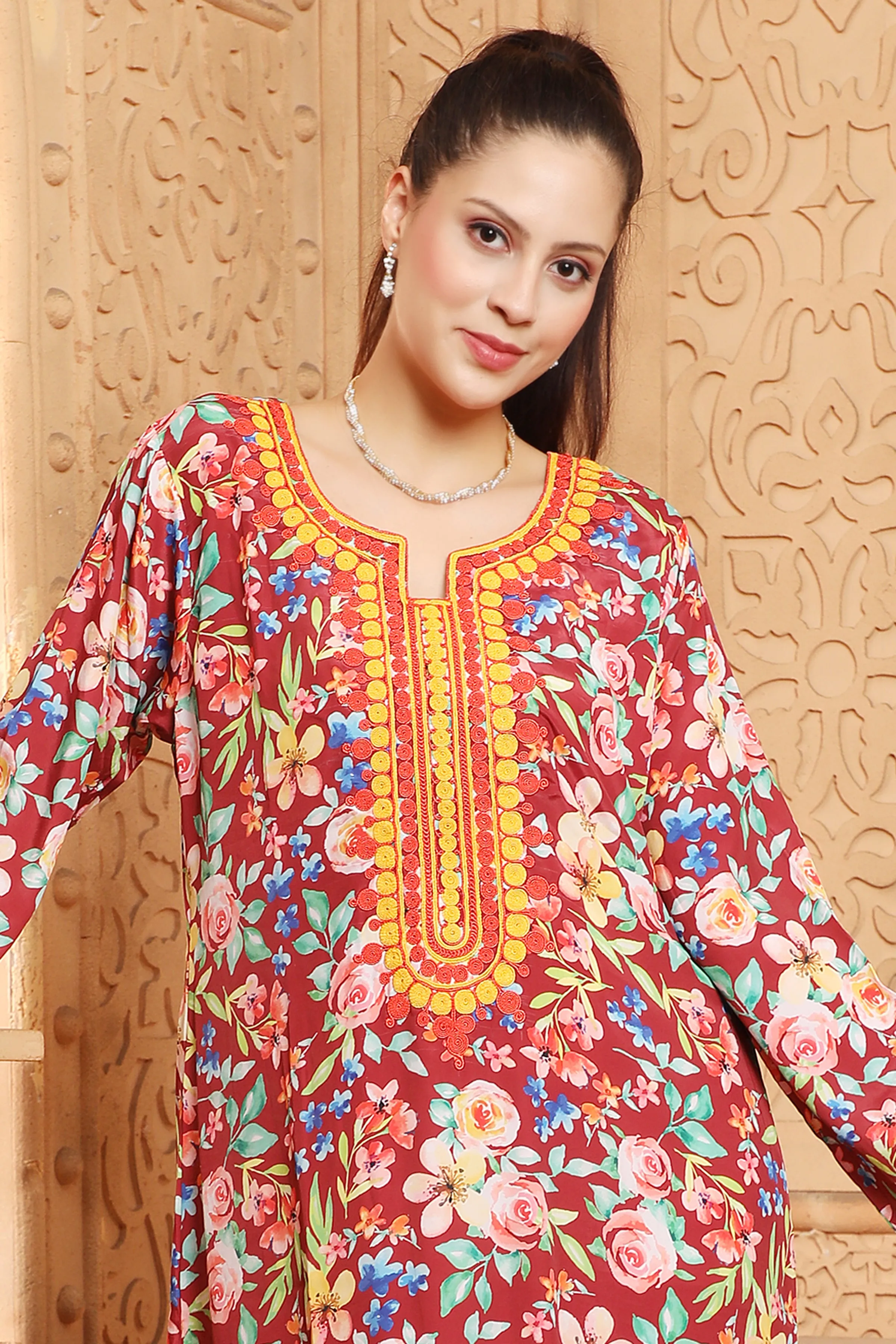 Occasional Vestidos Ethnic Mukhawar Red Floral Print Kaftan