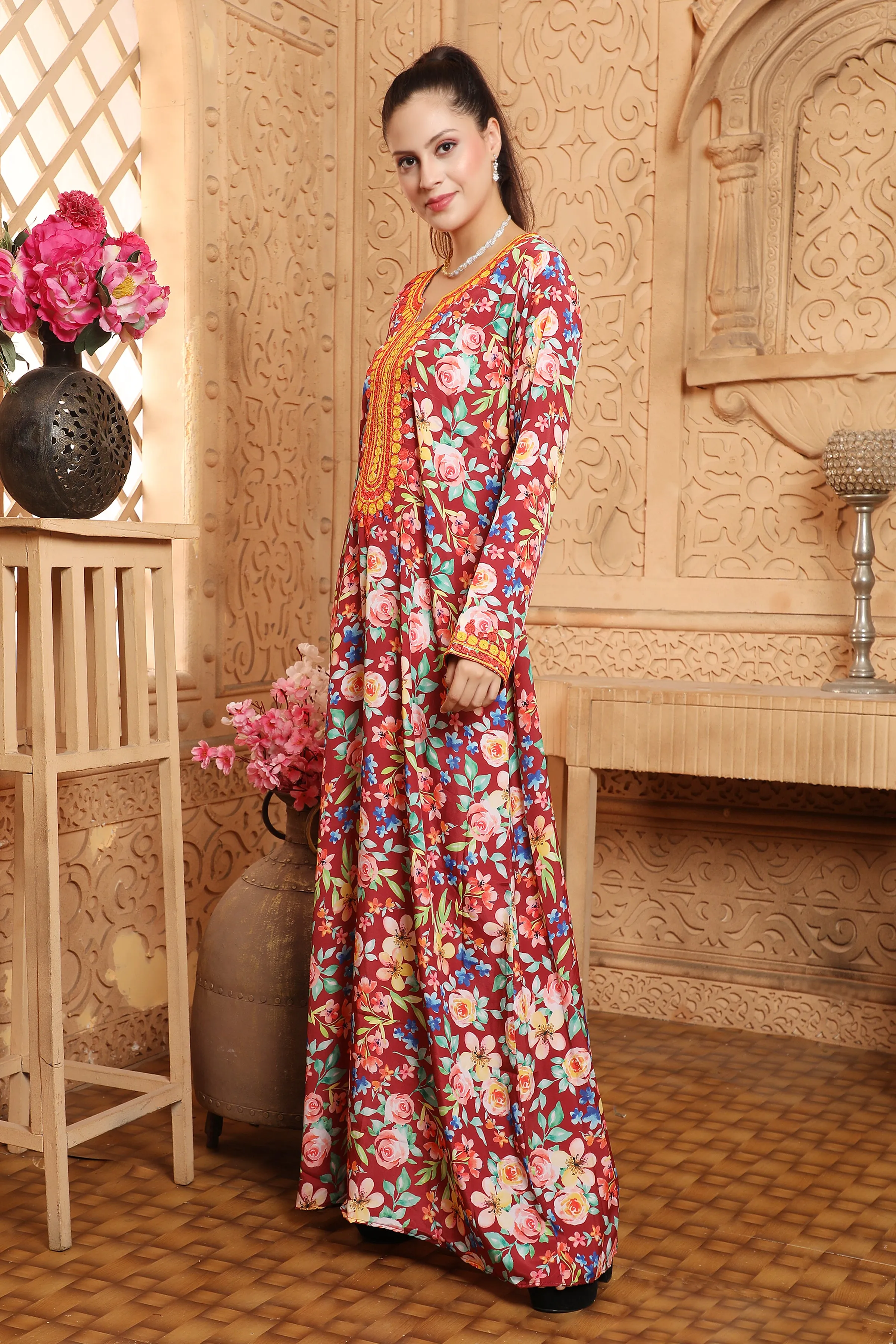 Occasional Vestidos Ethnic Mukhawar Red Floral Print Kaftan