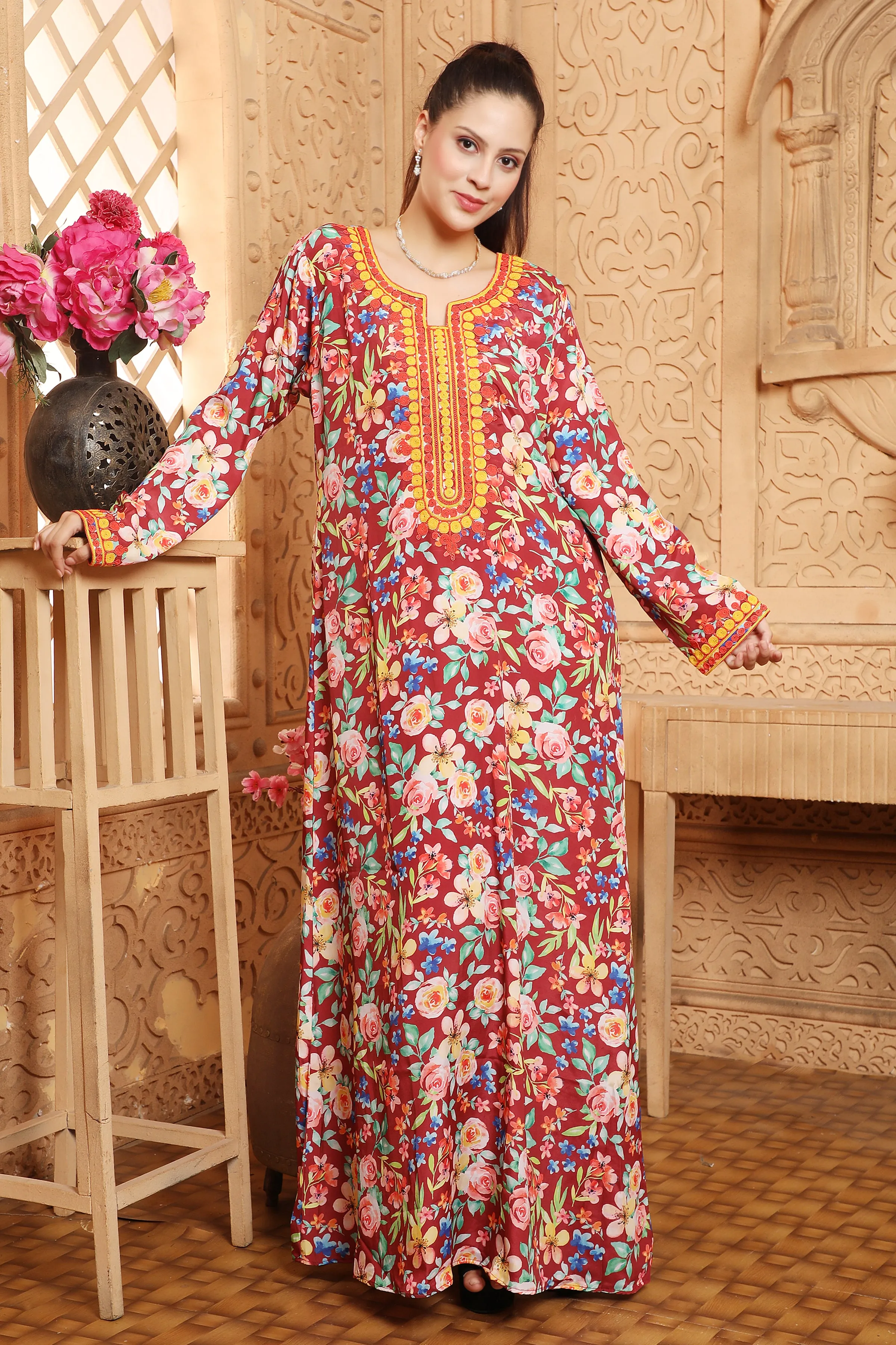 Occasional Vestidos Ethnic Mukhawar Red Floral Print Kaftan