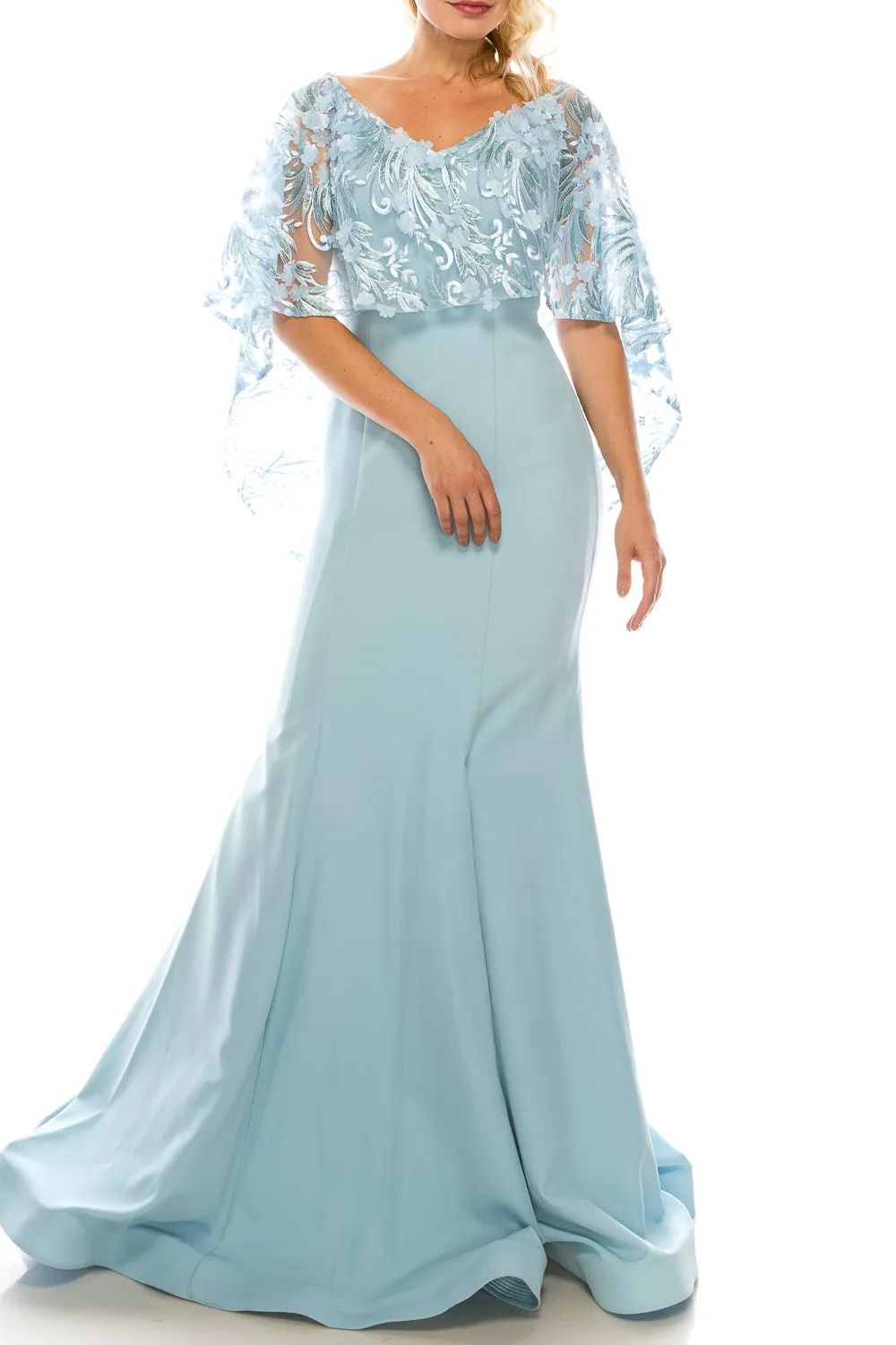 Odrella Trumpet Evening Gown with Embroidered Mesh Cape (Additional Colors)