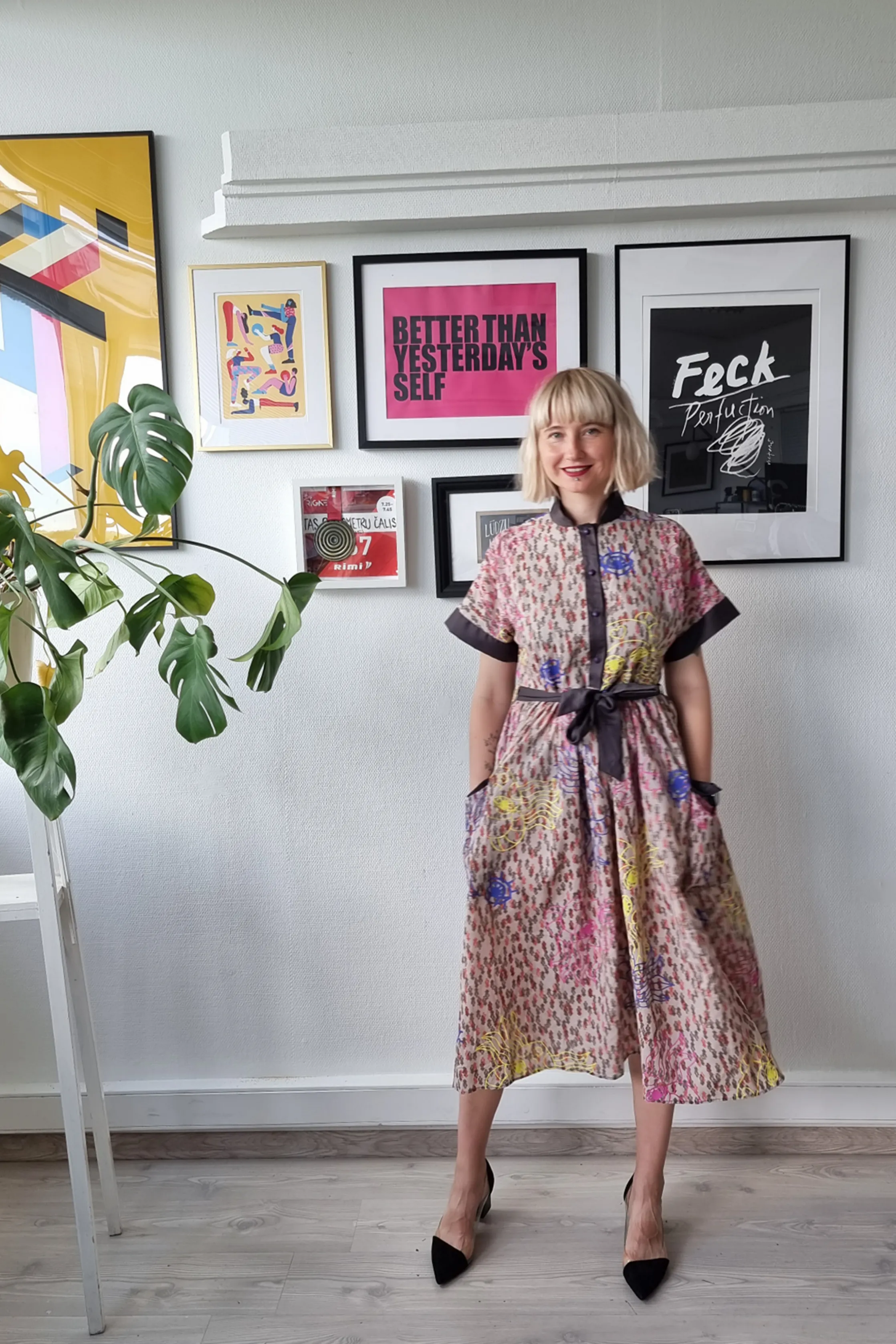 One of a Kind Light Cream/Brown Fun and Cool Short Sleeved Shirt Dress with Wide Skirt Part in Handprinted Patterned Fabric and many Pockets