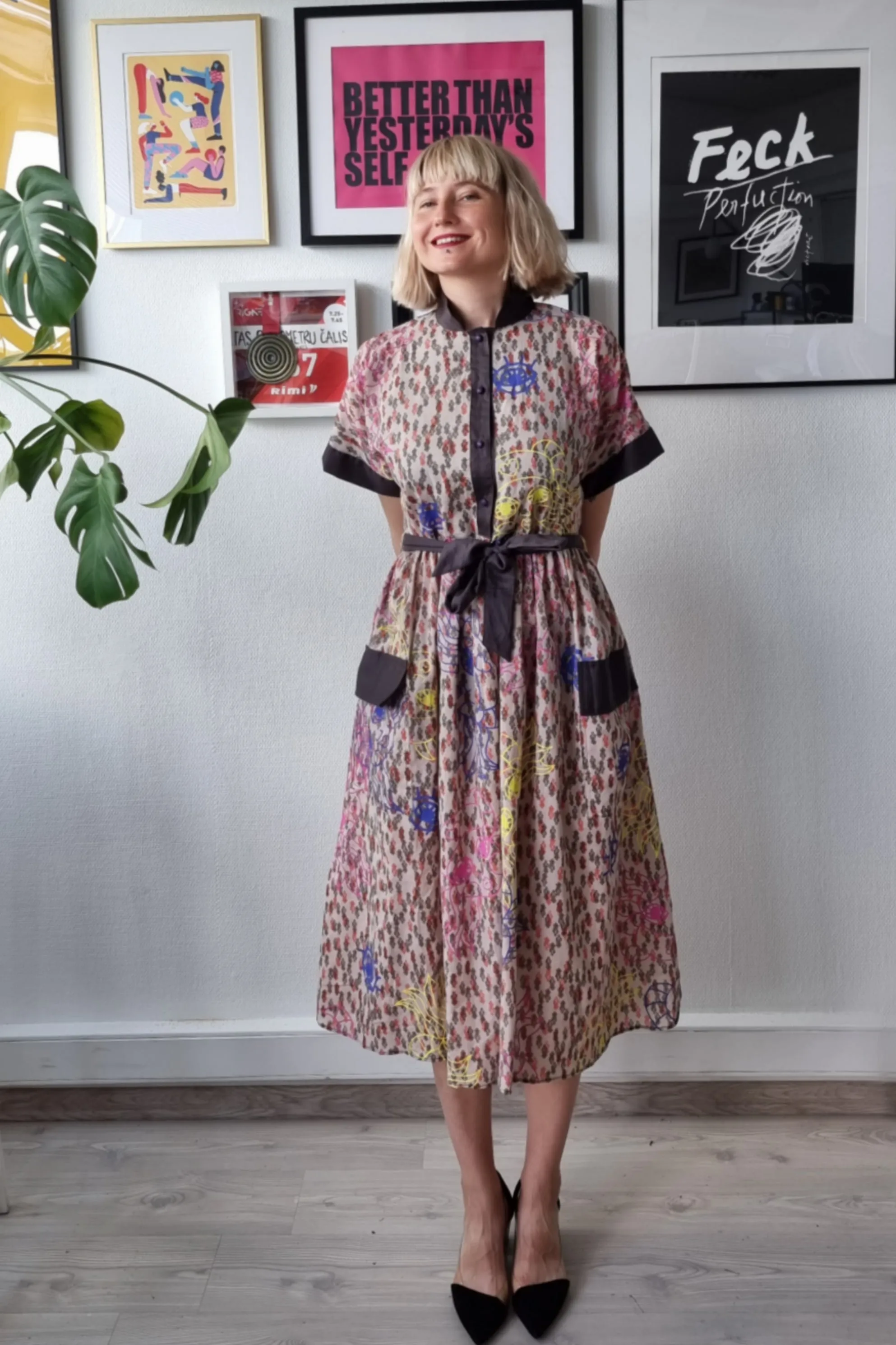 One of a Kind Light Cream/Brown Fun and Cool Short Sleeved Shirt Dress with Wide Skirt Part in Handprinted Patterned Fabric and many Pockets