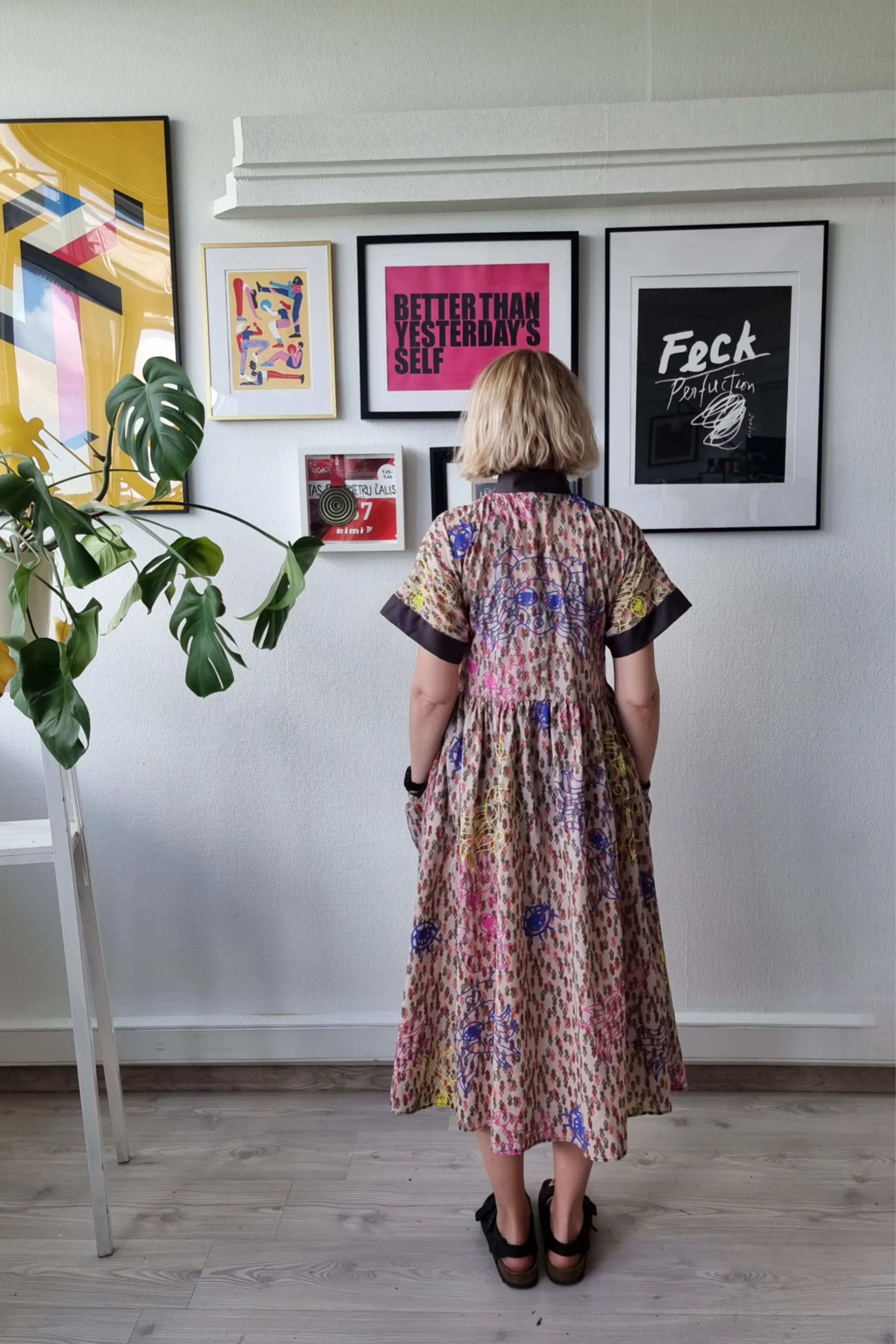 One of a Kind Light Cream/Brown Fun and Cool Short Sleeved Shirt Dress with Wide Skirt Part in Handprinted Patterned Fabric and many Pockets