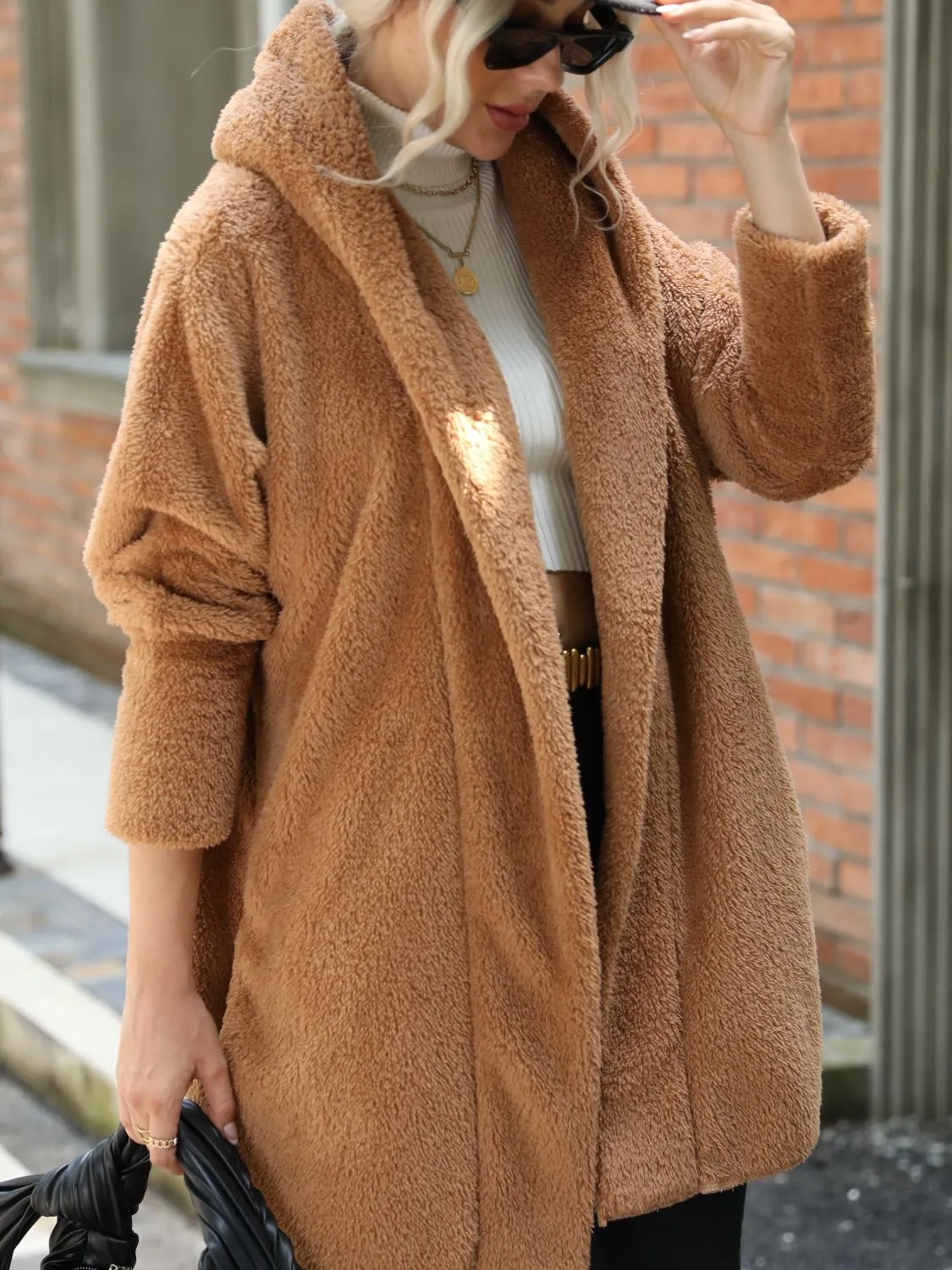 Open Front Hooded Teddy Coat