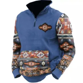 Outdoor Ethnic Print Collar Pocket Sweatshirt