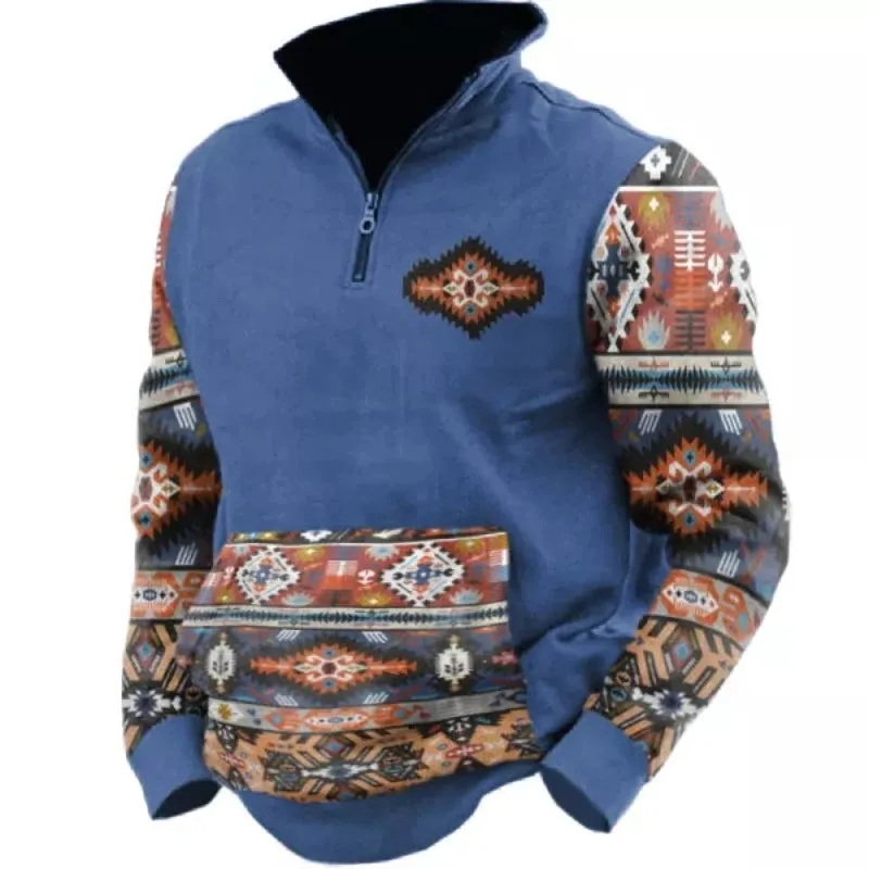 Outdoor Ethnic Print Collar Pocket Sweatshirt