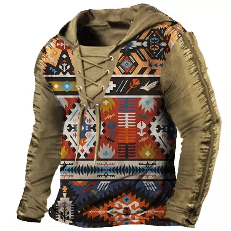 Outdoor Ethnic Print Drawstring Hoodie T-Shirt