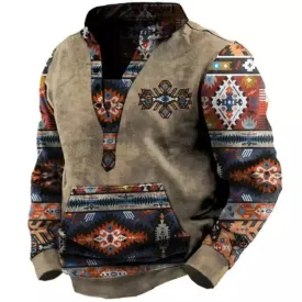 Outdoor Ethnic Print Henley Sweatshirt