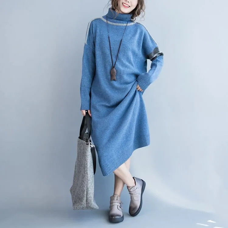 Oversized Blue Turtleneck Sweater Dress