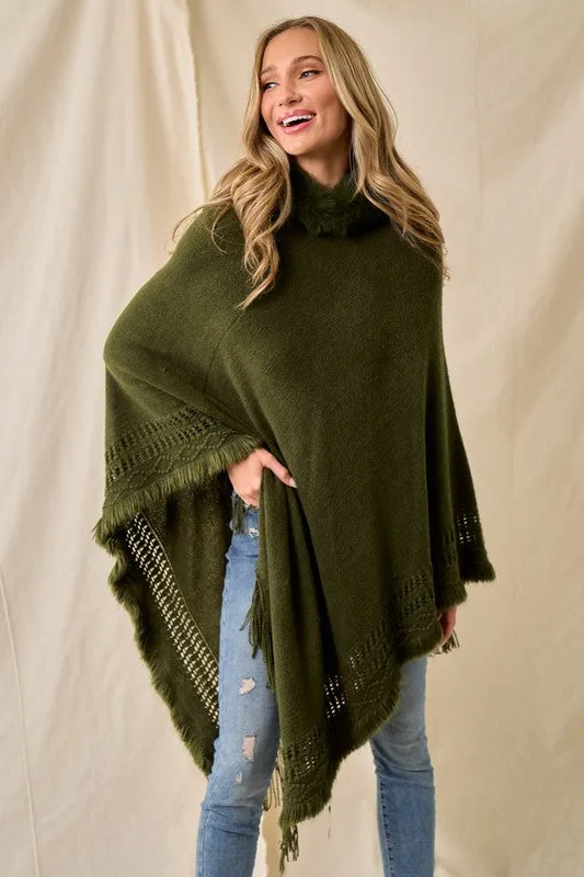 Oversized Faux Fur Knit Sweater Poncho Hooded