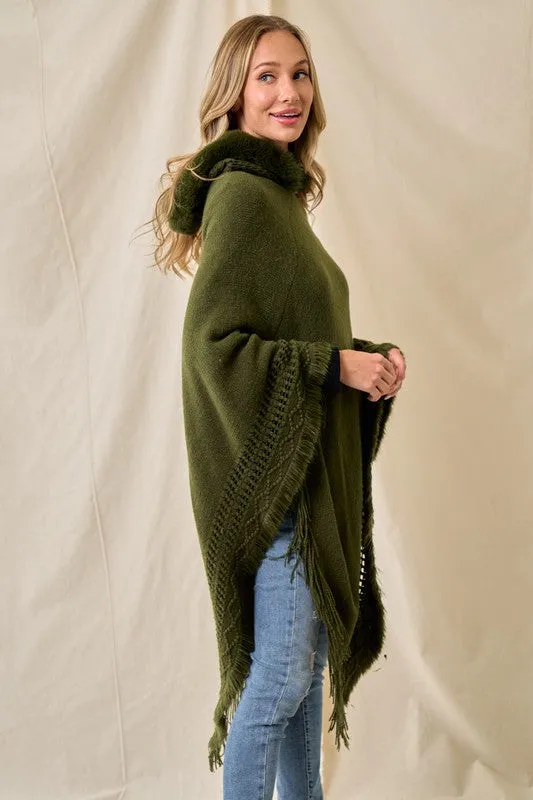 Oversized Faux Fur Knit Sweater Poncho Hooded