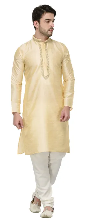 Party Wear Dupion Silk Mens Kurta Pajama India Clothing (Golden)