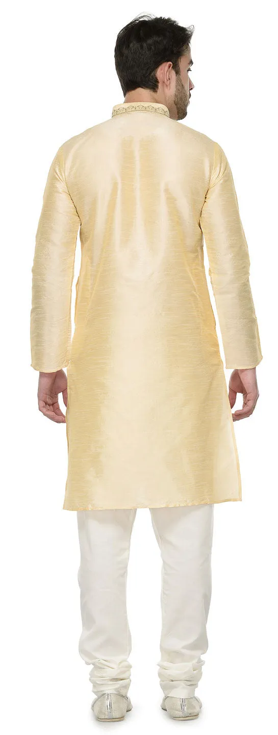 Party Wear Dupion Silk Mens Kurta Pajama India Clothing (Golden)