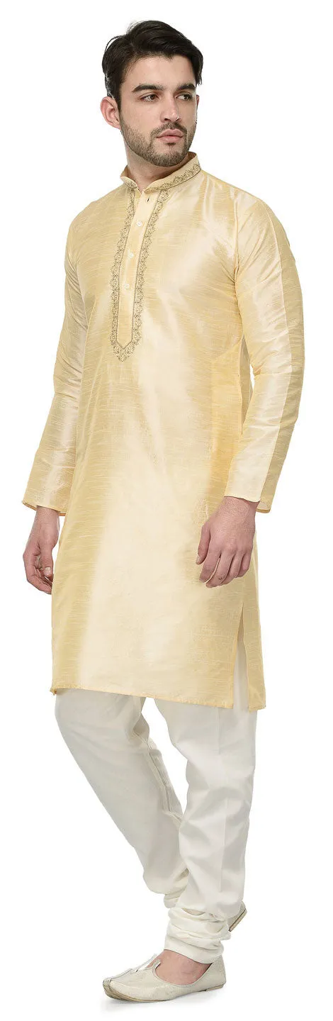 Party Wear Dupion Silk Mens Kurta Pajama India Clothing (Golden)