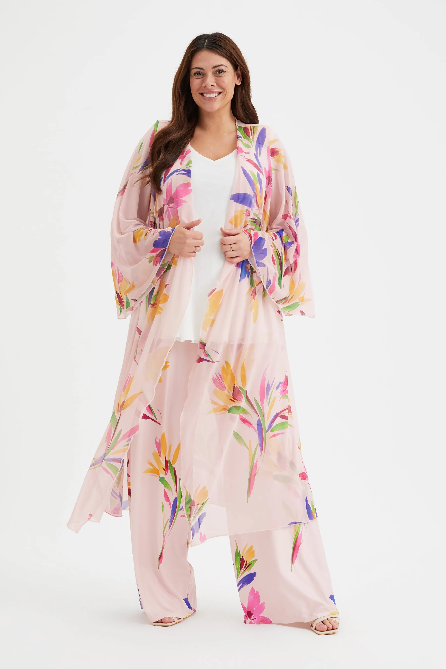 Peach Pink Waterfall Long Mesh Kimono