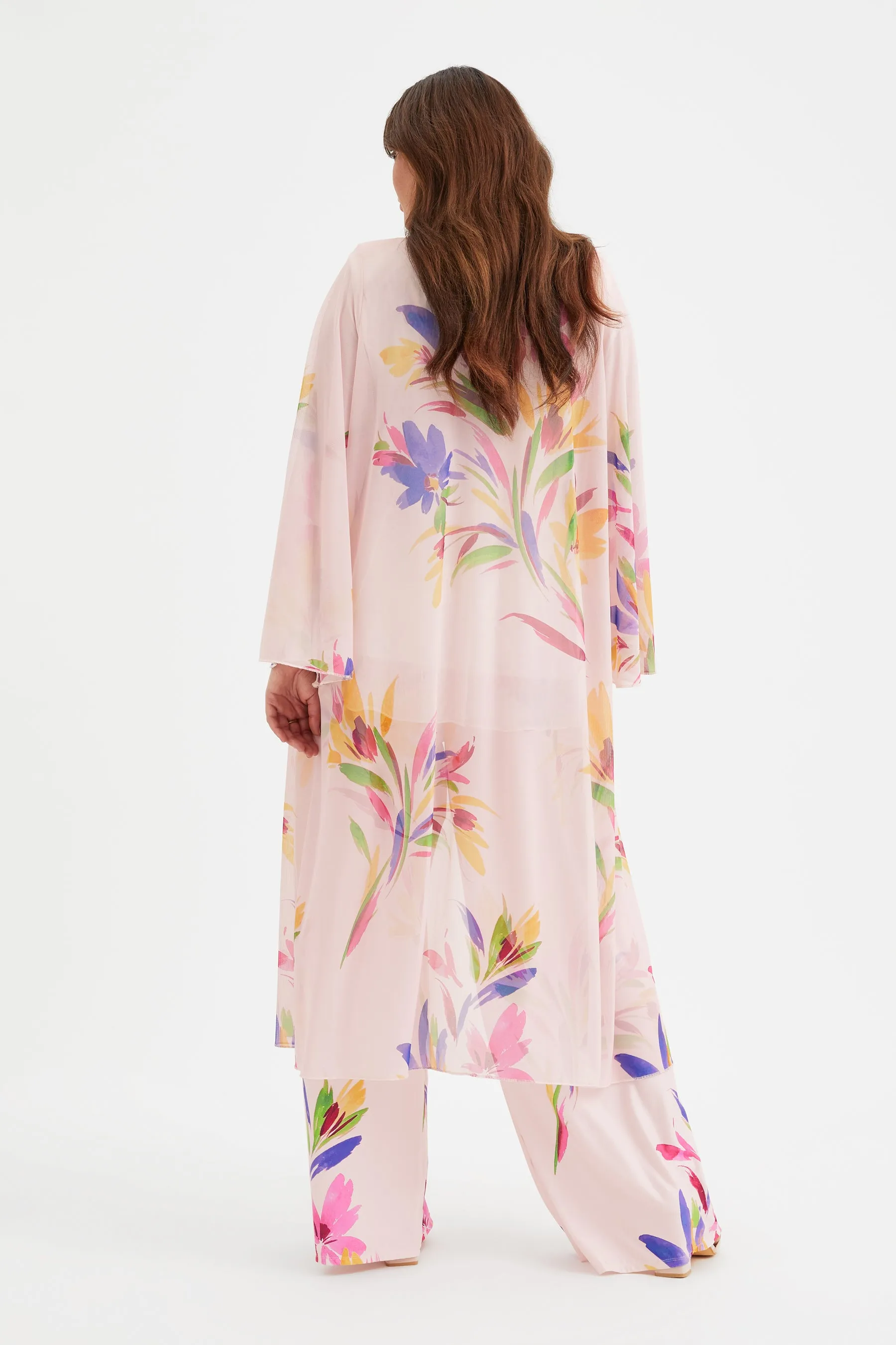 Peach Pink Waterfall Long Mesh Kimono