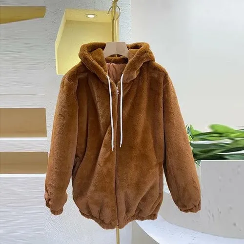 Plush Thickening Faux Rabbit Fur Hooded Jacket Women