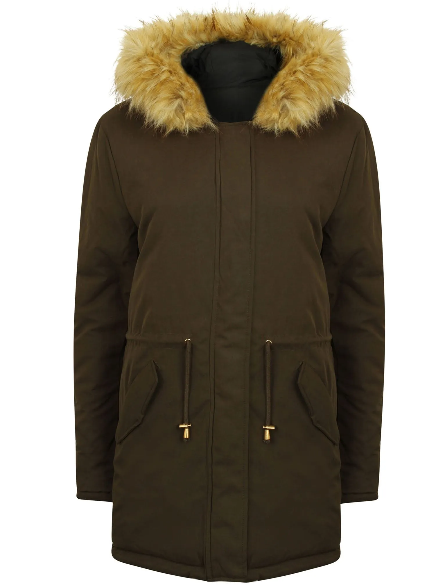 Porena Fur Trim Hooded Reversible Parka Jacket in Amazon Khaki & Black - Tokyo Laundry