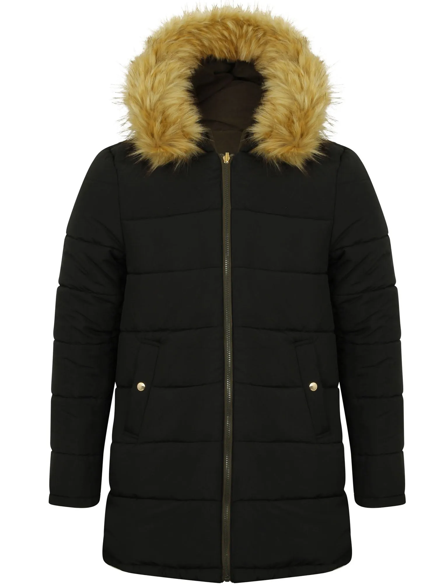 Porena Fur Trim Hooded Reversible Parka Jacket in Amazon Khaki & Black - Tokyo Laundry