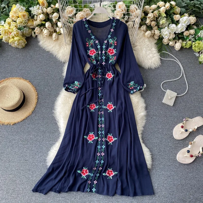 Purpdrank - 2023 spring fashion Women's Dress Travel Photography Holiday Long Dress New Retro Ethnic Style Embroidered V-neck Lantern Sleeve Dress