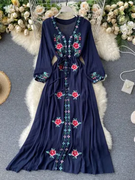 Purpdrank - 2023 spring fashion Women's Dress Travel Photography Holiday Long Dress New Retro Ethnic Style Embroidered V-neck Lantern Sleeve Dress