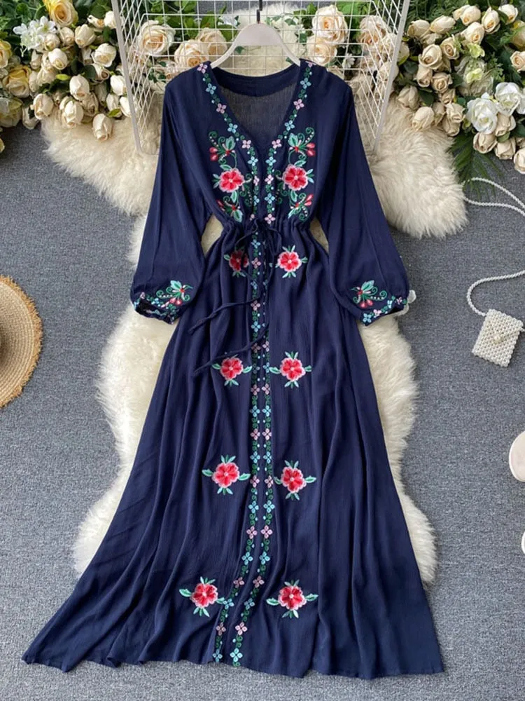 Purpdrank - 2023 spring fashion Women's Dress Travel Photography Holiday Long Dress New Retro Ethnic Style Embroidered V-neck Lantern Sleeve Dress