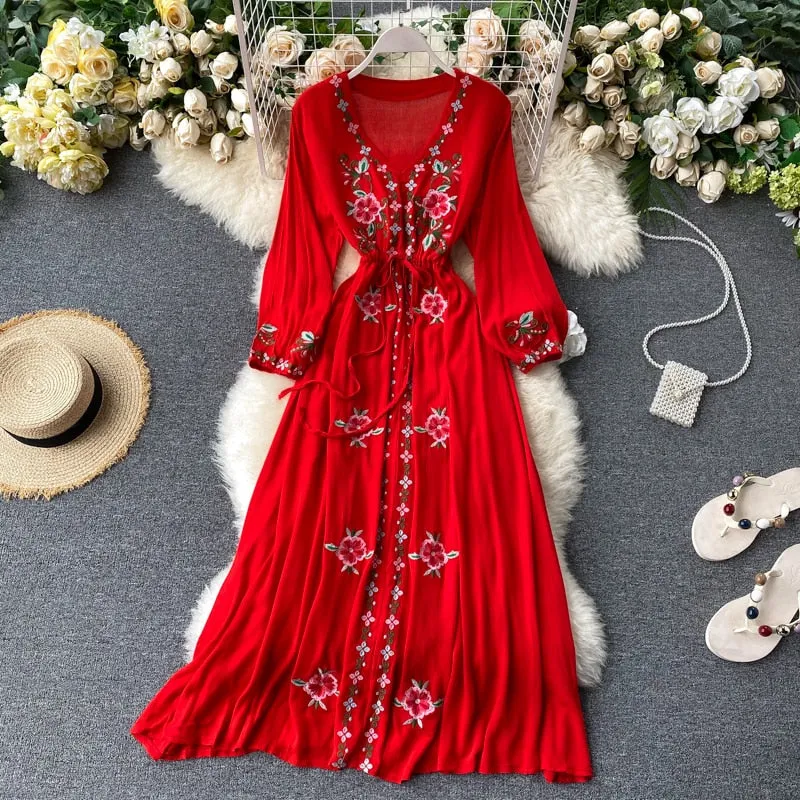 Purpdrank - 2023 spring fashion Women's Dress Travel Photography Holiday Long Dress New Retro Ethnic Style Embroidered V-neck Lantern Sleeve Dress