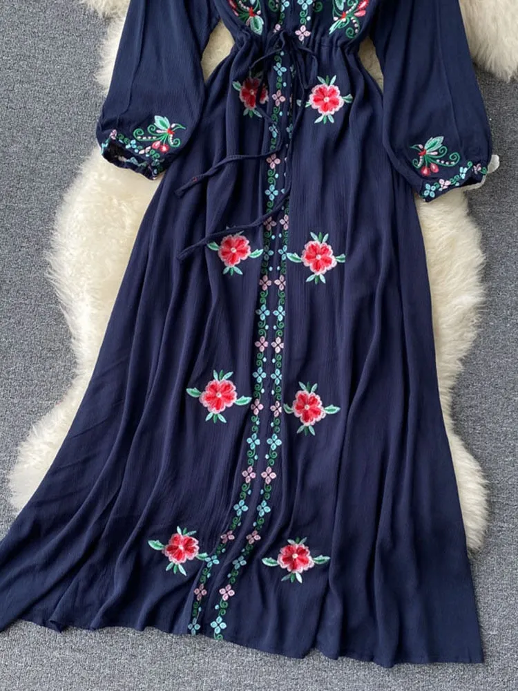 Purpdrank - 2023 spring fashion Women's Dress Travel Photography Holiday Long Dress New Retro Ethnic Style Embroidered V-neck Lantern Sleeve Dress