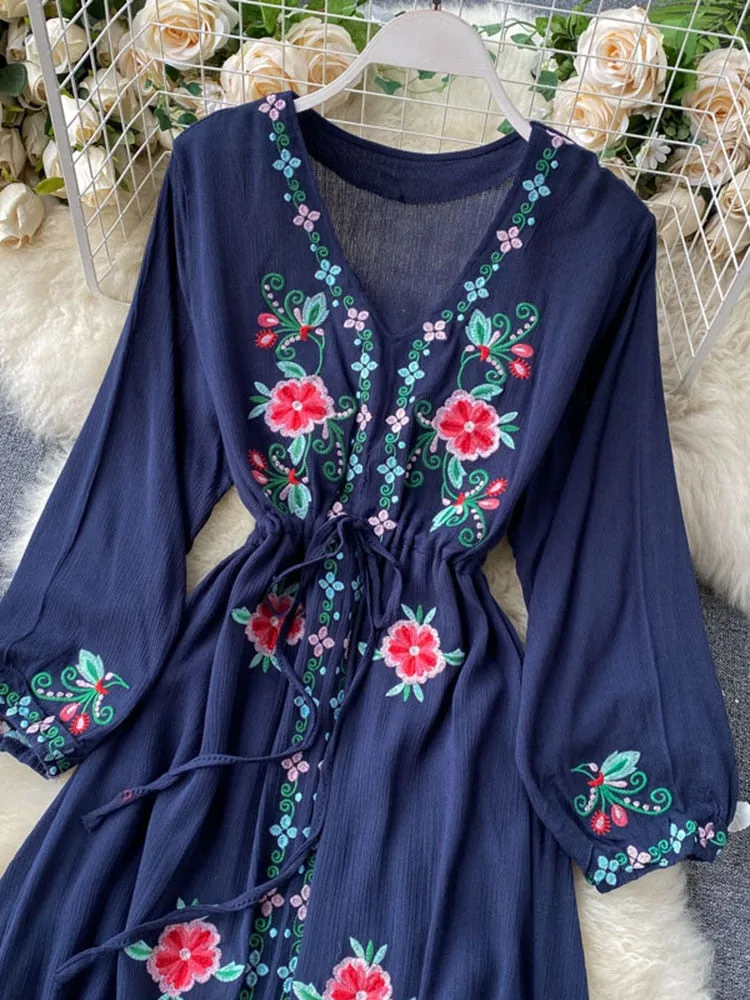 Purpdrank - 2023 spring fashion Women's Dress Travel Photography Holiday Long Dress New Retro Ethnic Style Embroidered V-neck Lantern Sleeve Dress