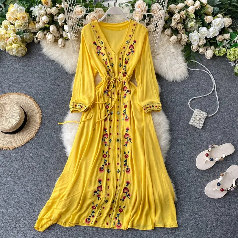 Purpdrank - 2023 spring fashion Women's Dress Travel Photography Holiday Long Dress New Retro Ethnic Style Embroidered V-neck Lantern Sleeve Dress