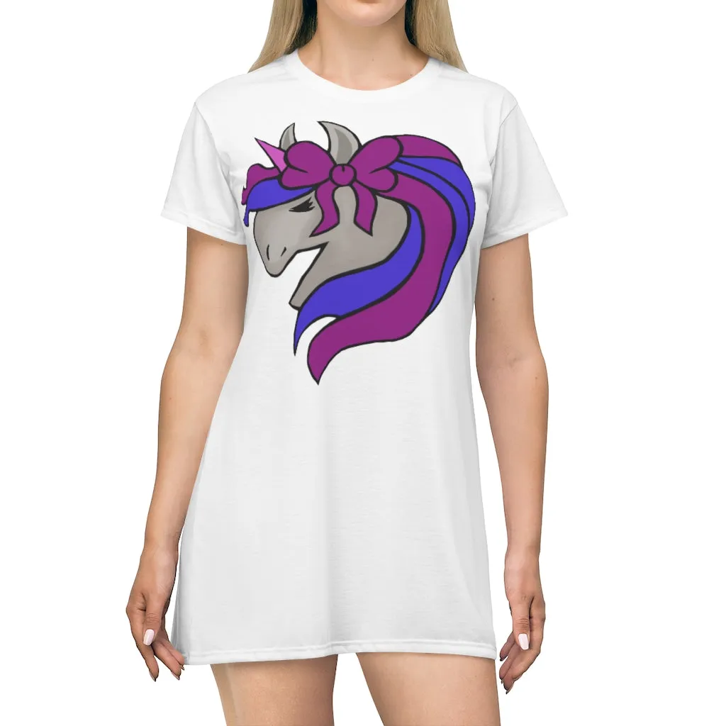 Purple Blue Unicorn Head All Over Print T-Shirt Dress