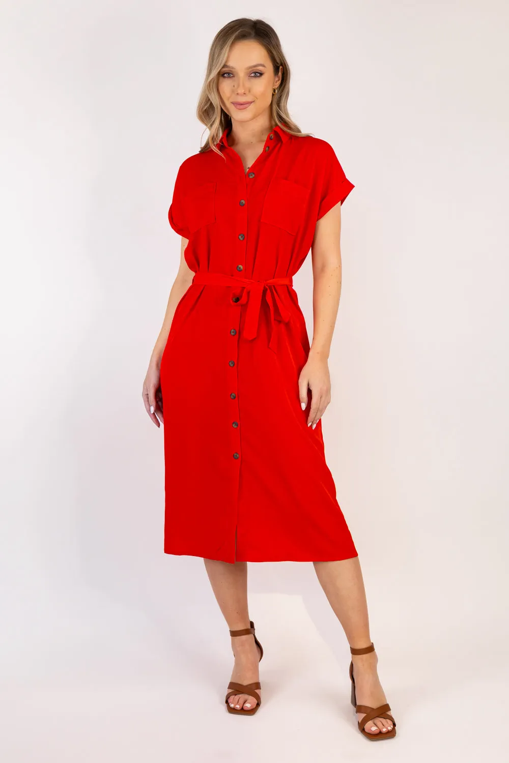 Red Hannover Tie Belt Shirt Dress