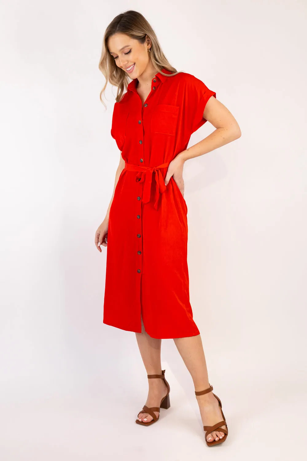 Red Hannover Tie Belt Shirt Dress