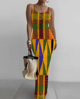 Retro Colorblock Geometric Print Print Bodycon Cami Dress