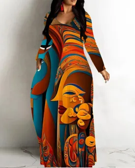 Retro Ethnic Face Print Loose Hem Long Sleeve Maxi Dress