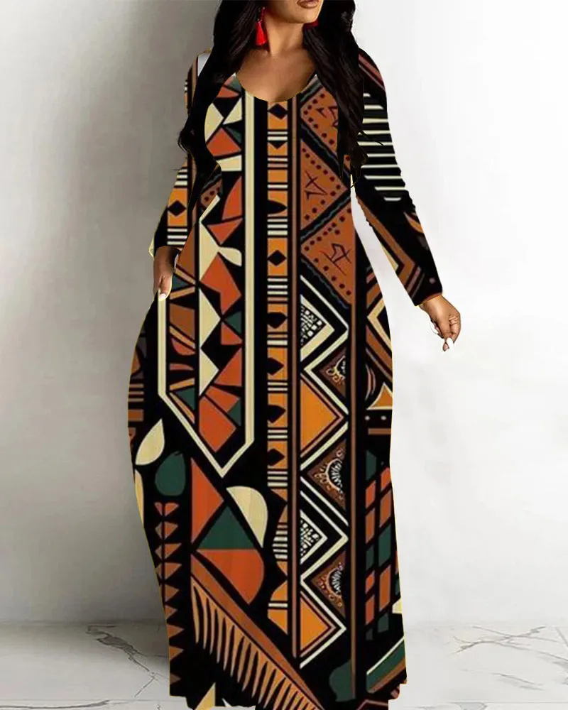 Retro Ethnic Print Loose Hem Long Sleeve Maxi Dress