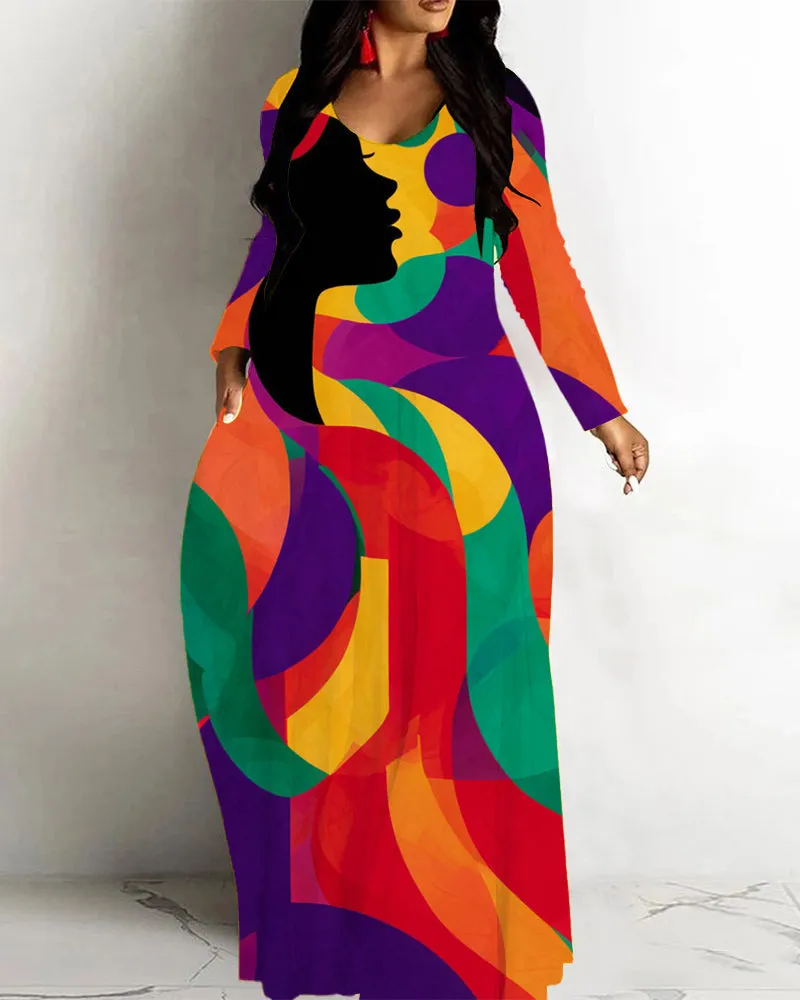 Retro Strong Color Contrast Print Loose Hem Long Sleeve Maxi Dress