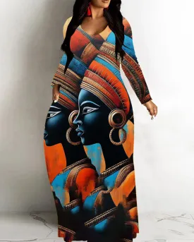 Retro Tribal Print Loose Hem Long Sleeve Maxi Dress