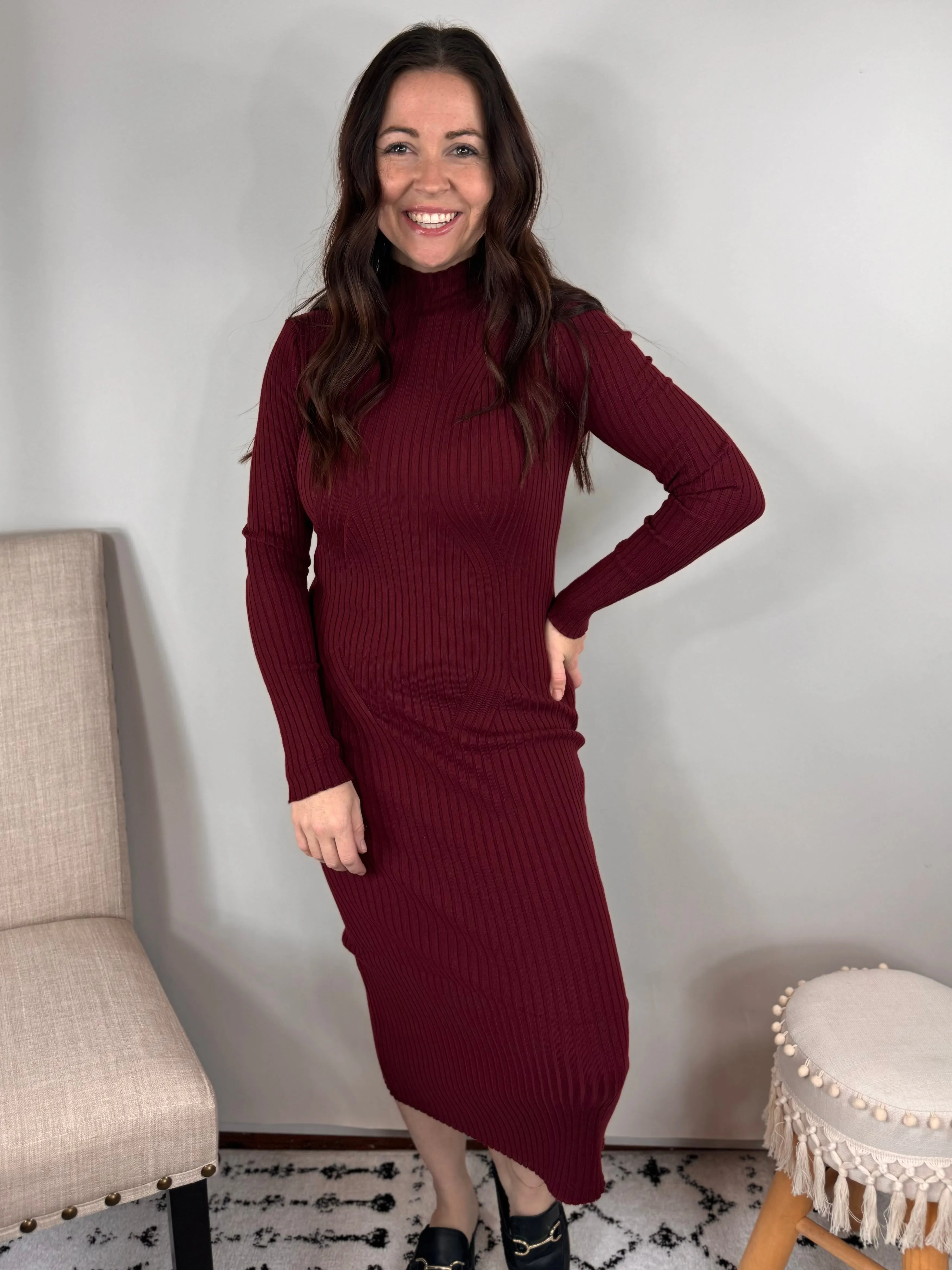 Rosewood Mockneck Ribbed Midi Dress