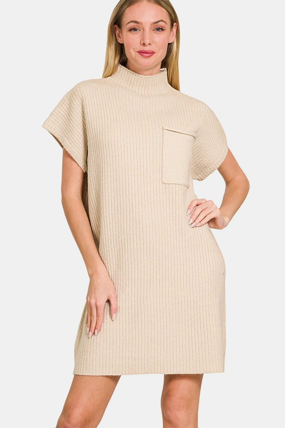 Sand Beige Short Sleeve Sweater Mini Dress (Online Exclusive)