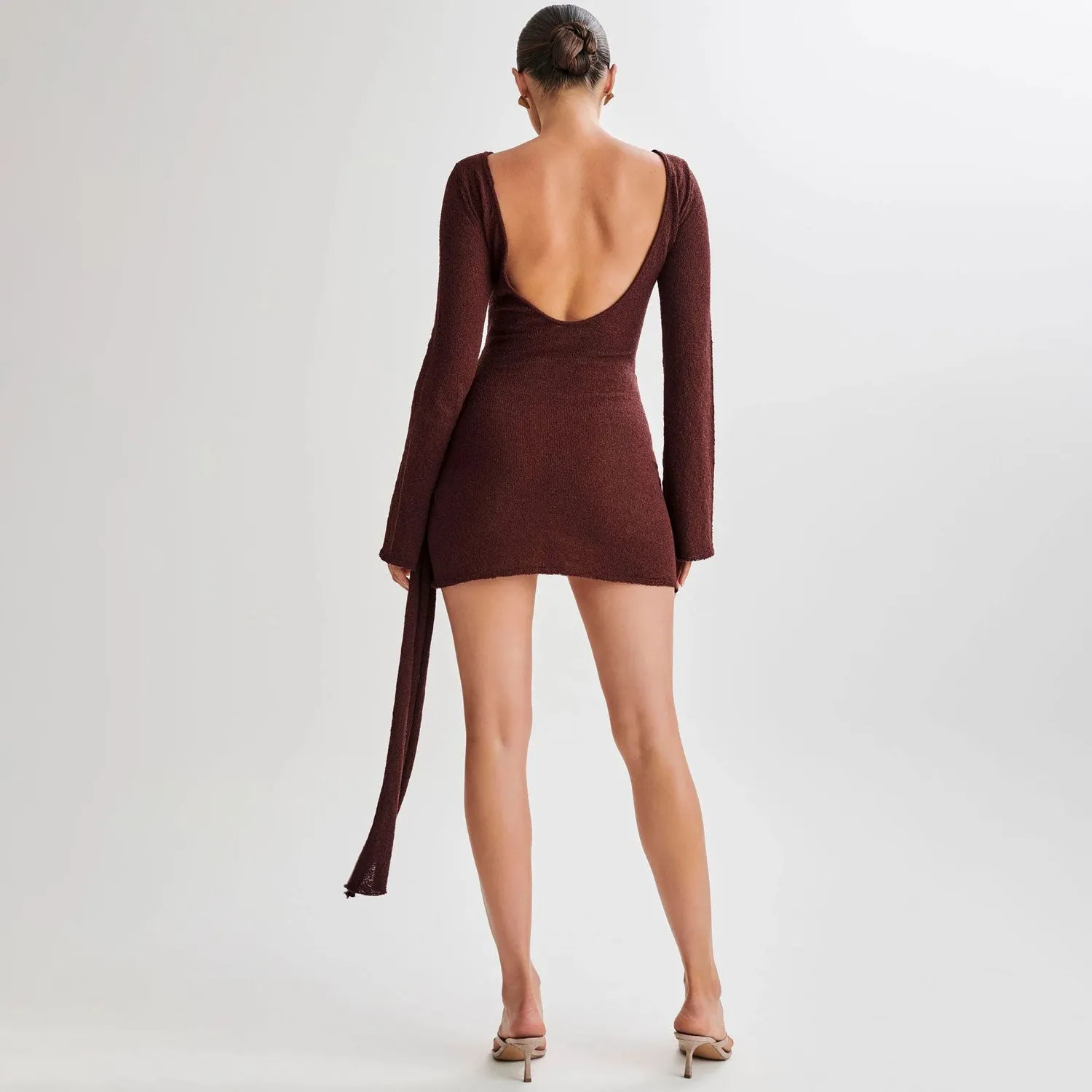 Sexy Backless Bell Sleeve Draped Ruched Bodycon Knit Mini Dress