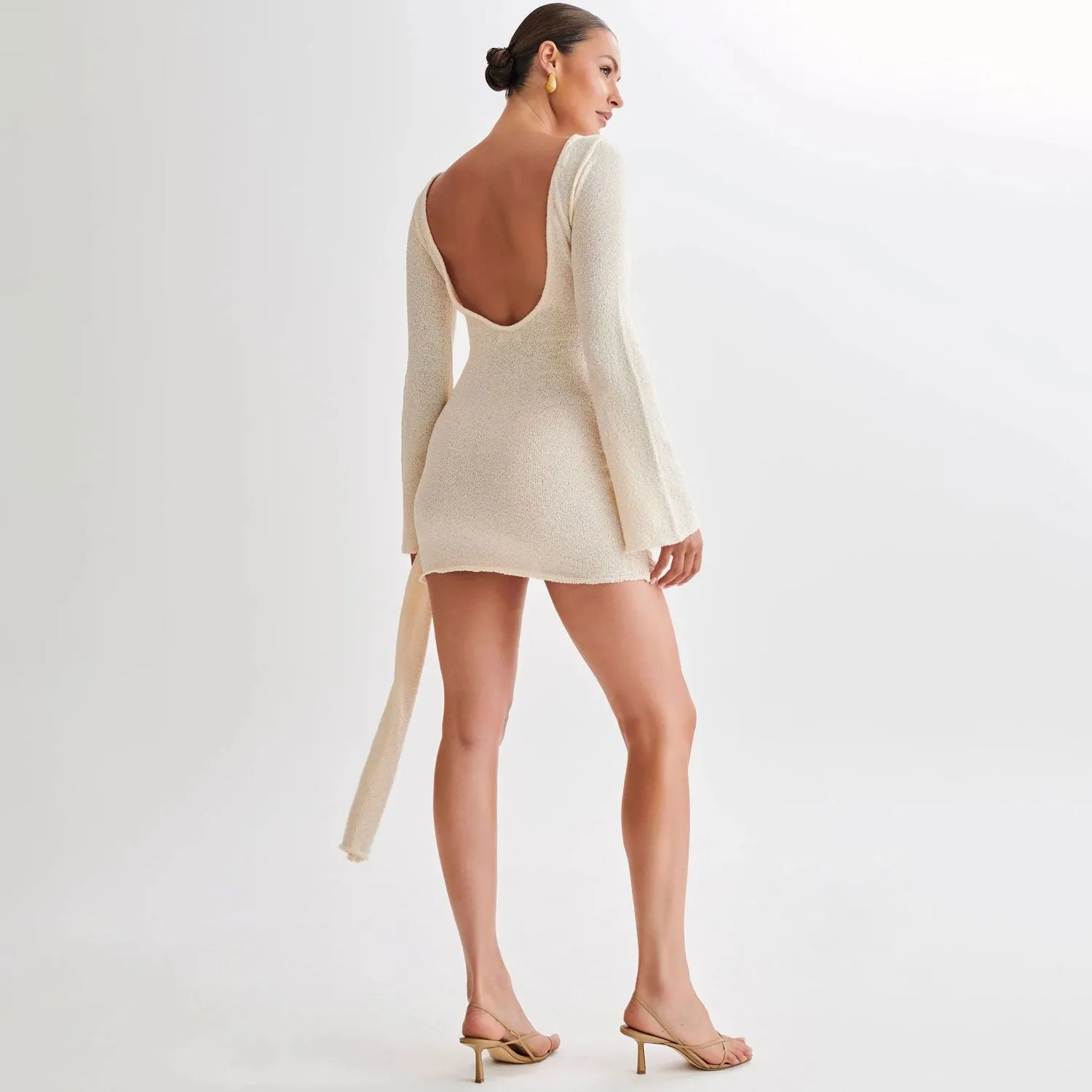 Sexy Backless Bell Sleeve Draped Ruched Bodycon Knit Mini Dress