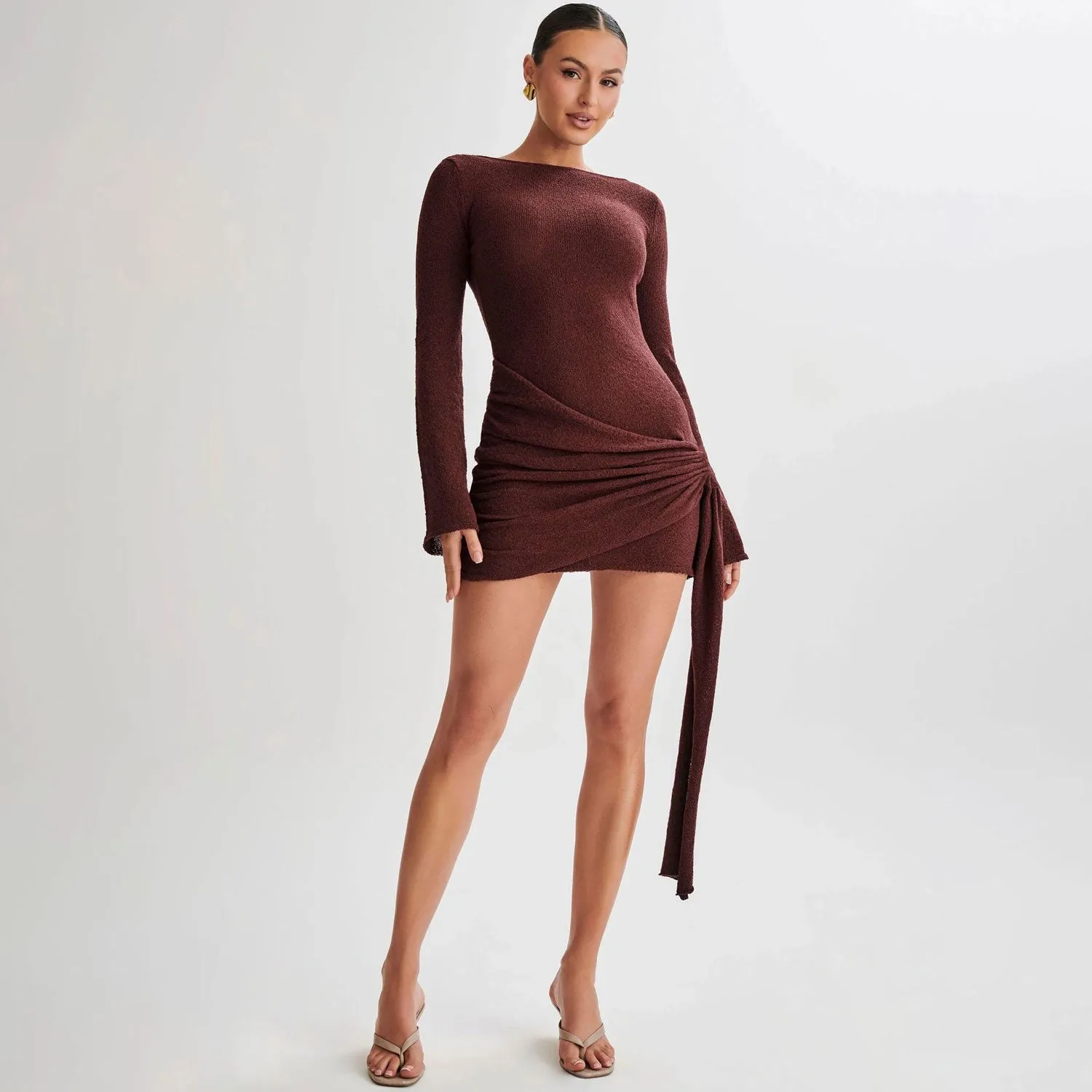 Sexy Backless Bell Sleeve Draped Ruched Bodycon Knit Mini Dress