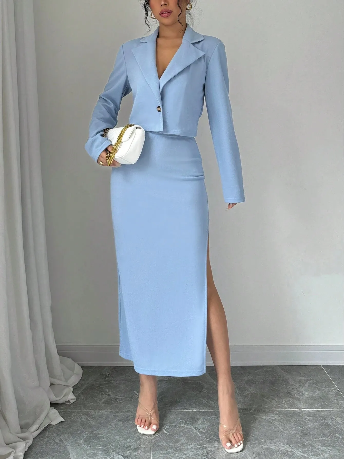 SHEIN Elenzga 1set Blue Elegant Casual Ladies' Suit