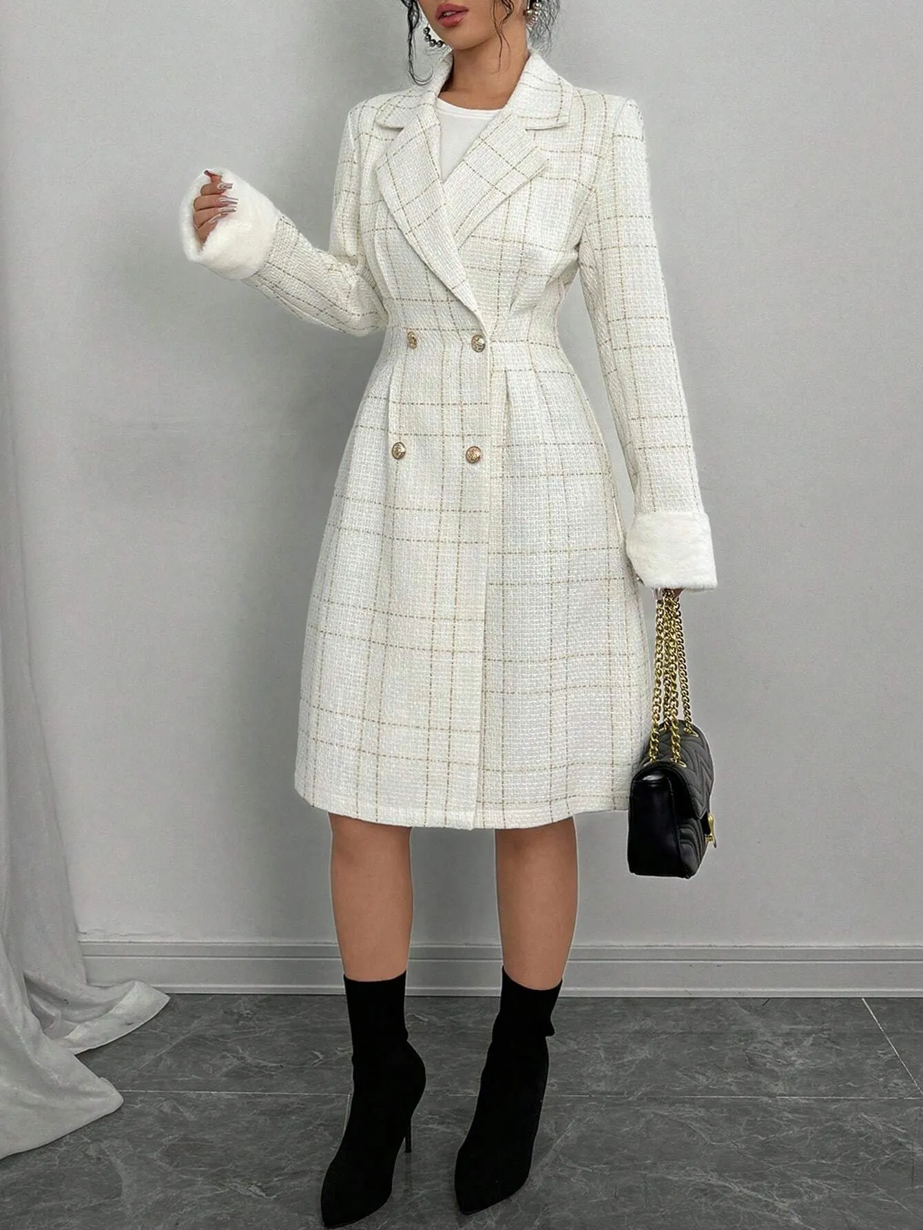 SHEIN Elenzya New Arrival Autumn Winter White Woolen Blend Long Sleeve Double-Breasted Gold Button Cinched Waist Cuff Fur Trim Fitted Knee Length Coat